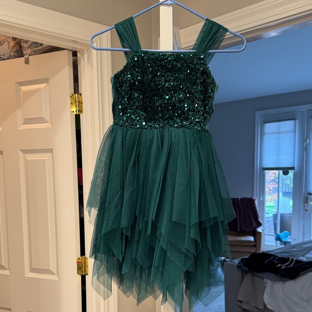 Cat & Jack Girls M holiday dress green velvet sequin tule